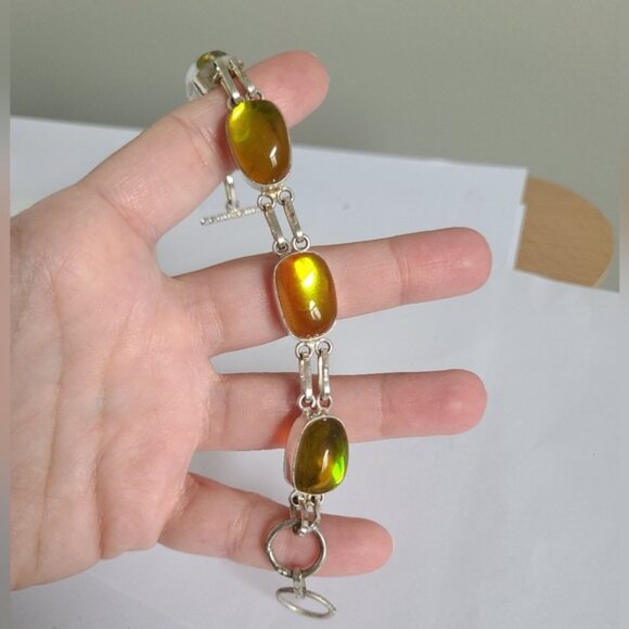 Vintage Boho Sterling Silver Yellow Rainbow Topaz Oval Chain Link Bracelet - Picture 2 of 9